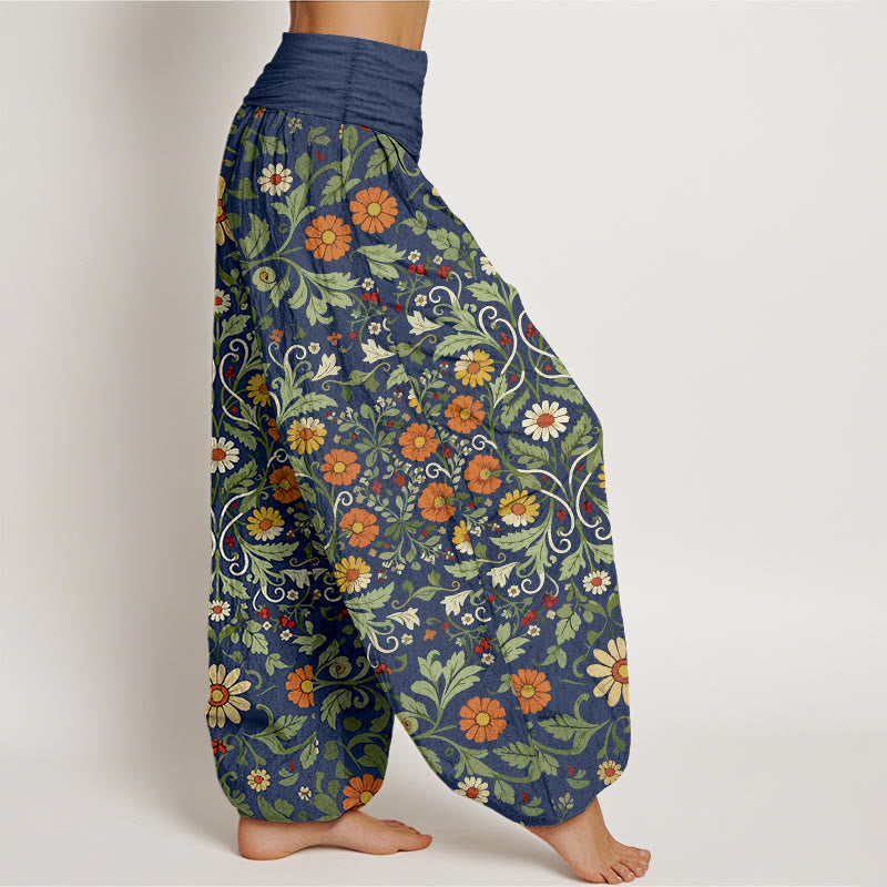 Pure Cotton Colorful Flowers Vines Women's Elastic Waist Harem Pants