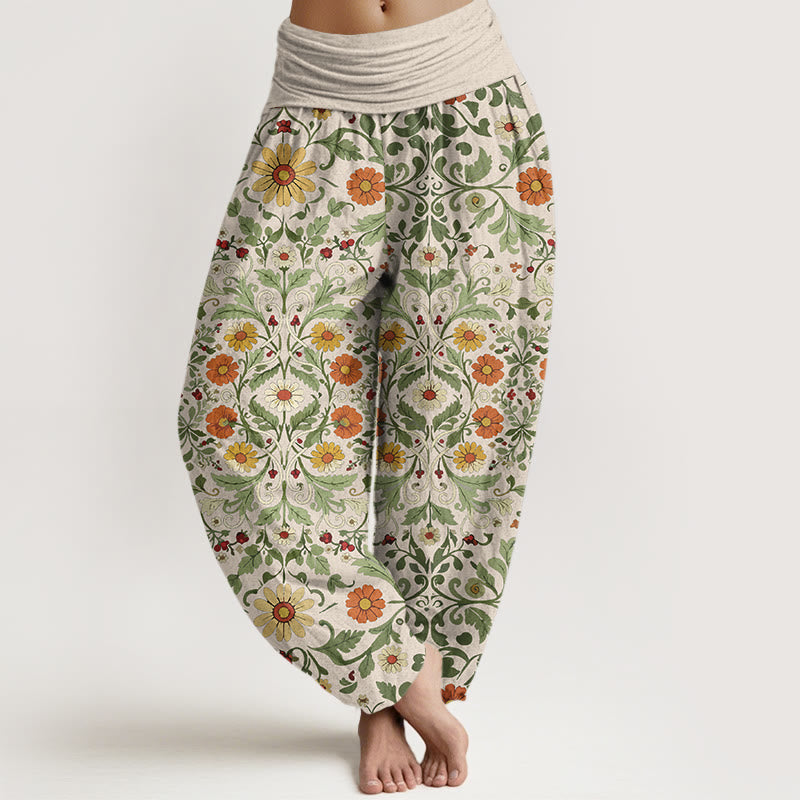 Pure Cotton Colorful Flowers Vines Women's Elastic Waist Harem Pants