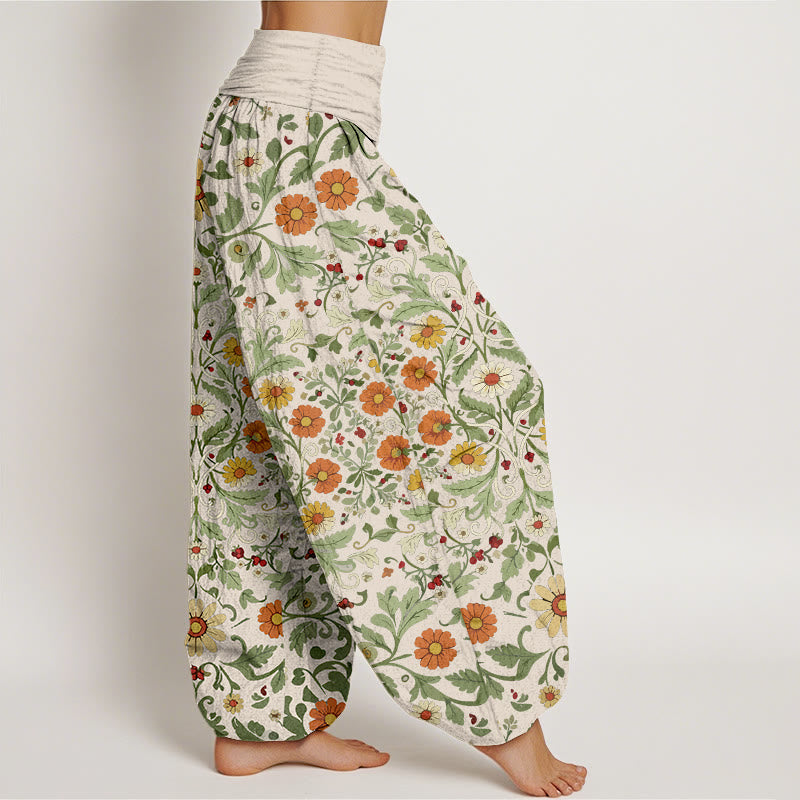 Pure Cotton Colorful Flowers Vines Women's Elastic Waist Harem Pants