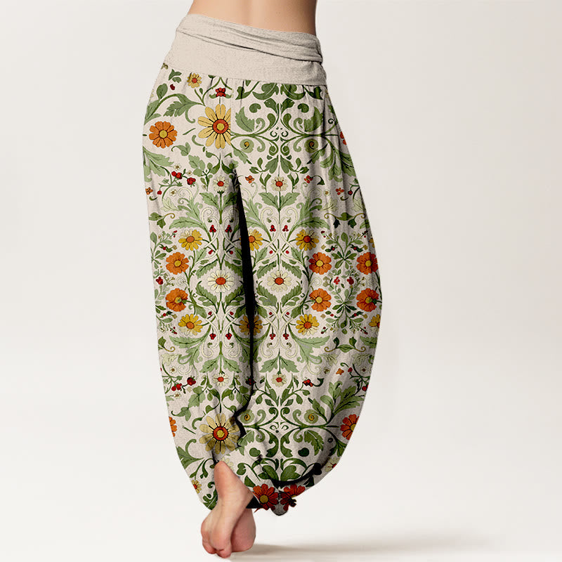 Pure Cotton Colorful Flowers Vines Women's Elastic Waist Harem Pants