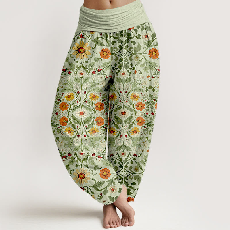 Pure Cotton Colorful Flowers Vines Women's Elastic Waist Harem Pants