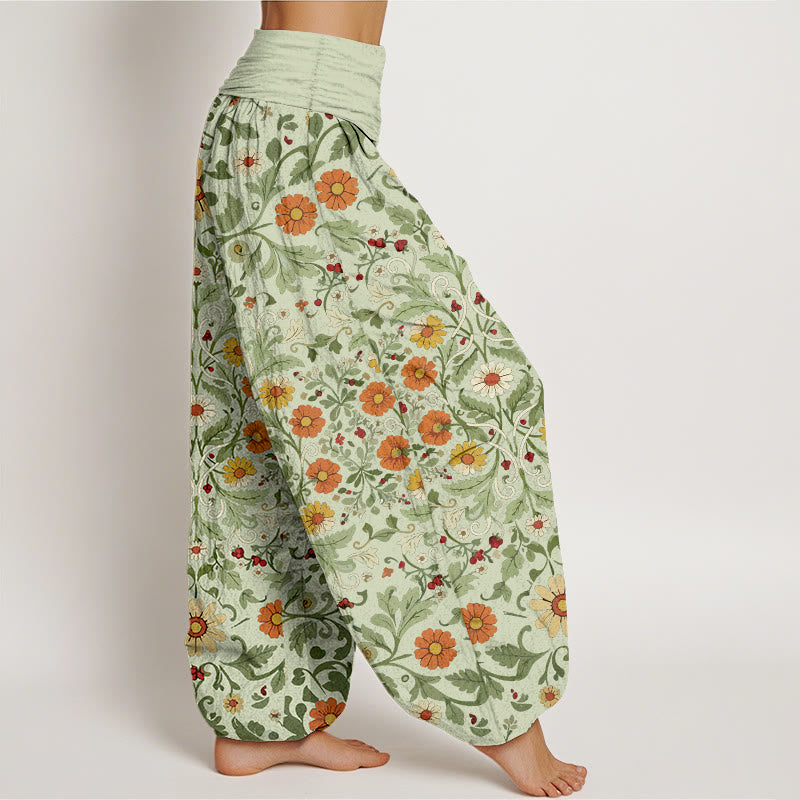 Pure Cotton Colorful Flowers Vines Women's Elastic Waist Harem Pants