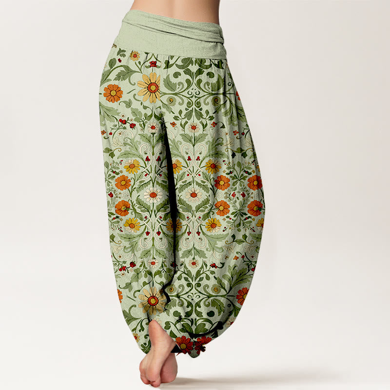 Pure Cotton Colorful Flowers Vines Women's Elastic Waist Harem Pants