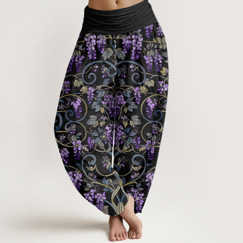 Pure Cotton Wisteria Print Elastic Waist Meditation Harem Pants