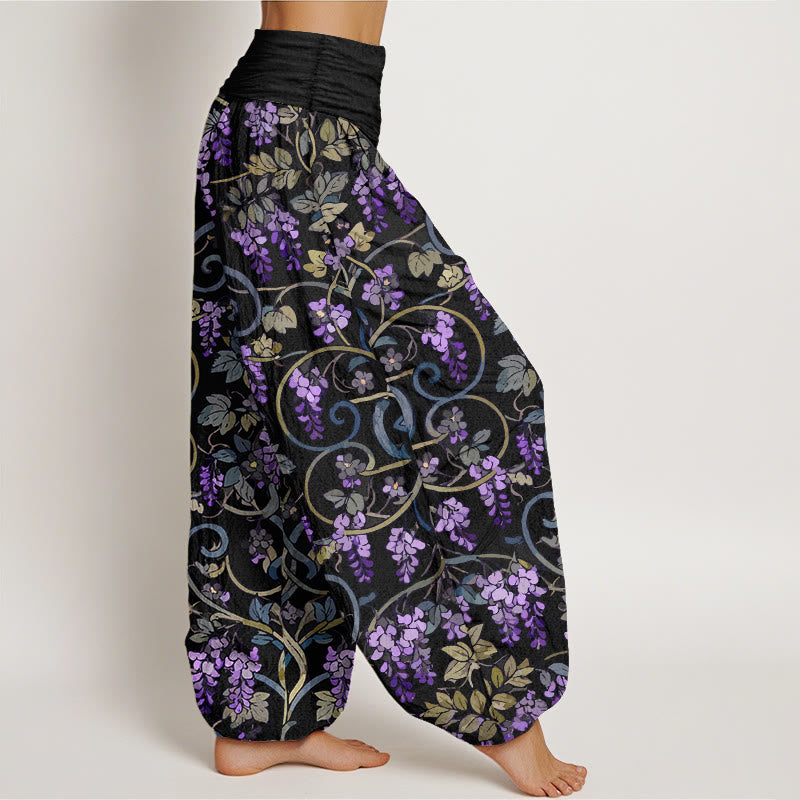 Pure Cotton Wisteria Print Elastic Waist Meditation Harem Pants