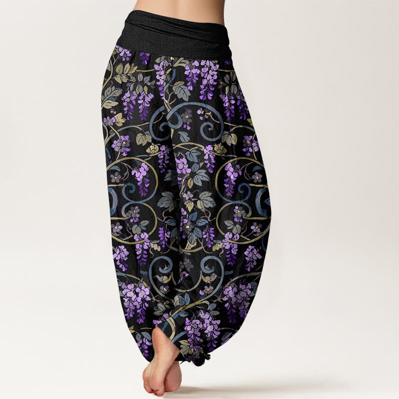 Pure Cotton Wisteria Print Elastic Waist Meditation Harem Pants