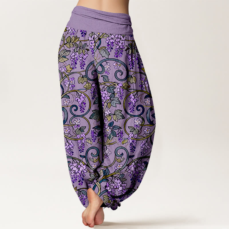 Pure Cotton Wisteria Print Elastic Waist Meditation Harem Pants
