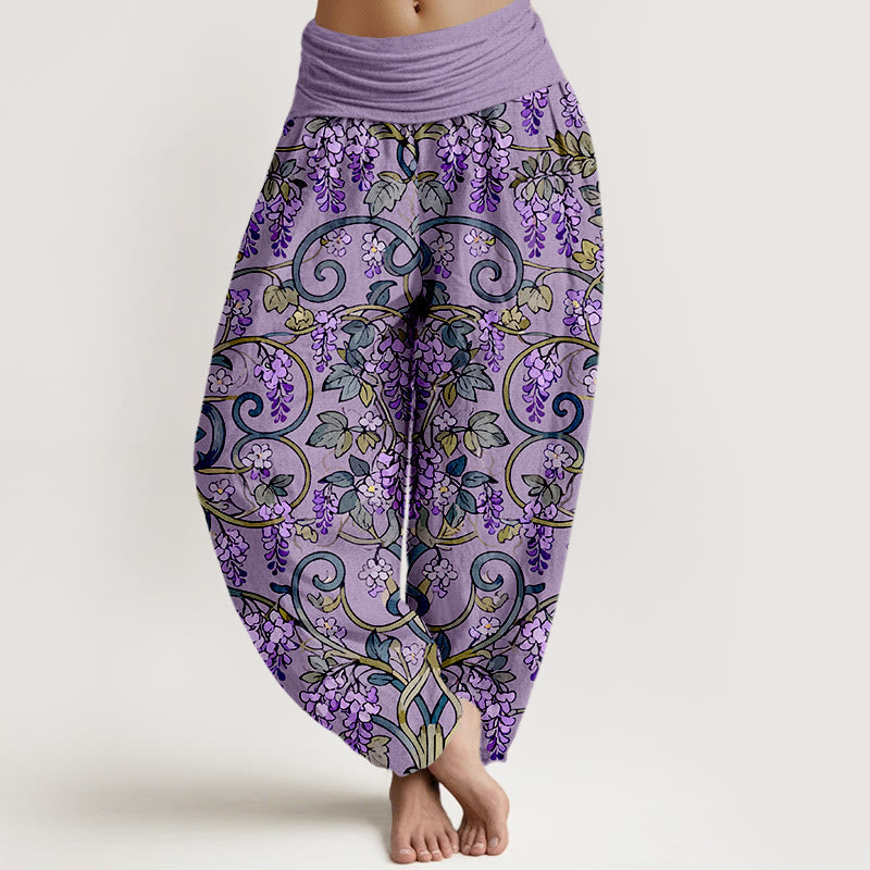 Pure Cotton Wisteria Print Elastic Waist Meditation Harem Pants