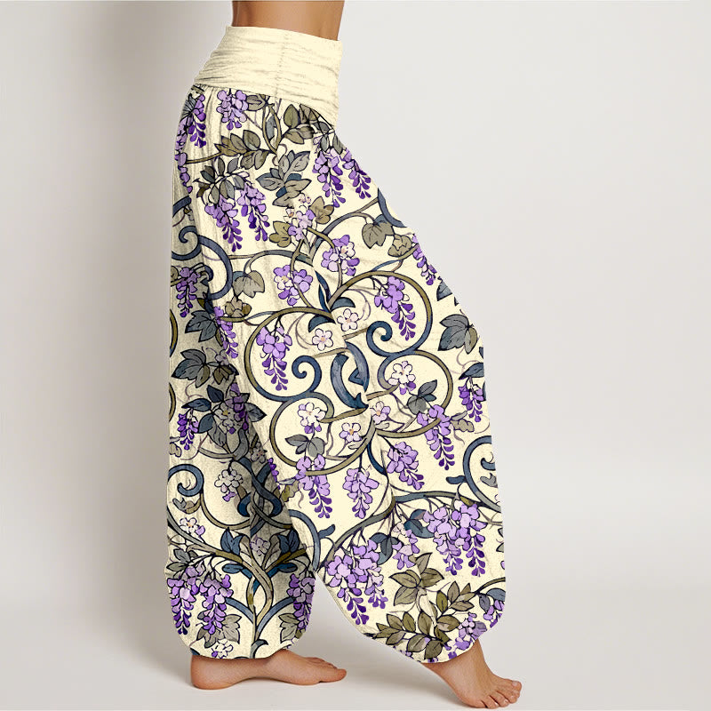 Pure Cotton Wisteria Print Elastic Waist Meditation Harem Pants
