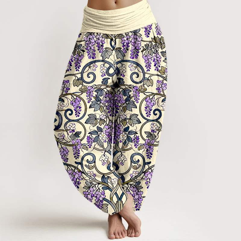 Pure Cotton Wisteria Print Elastic Waist Meditation Harem Pants