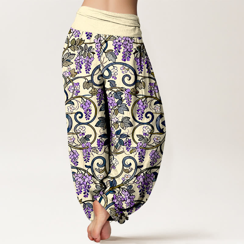 Pure Cotton Wisteria Print Elastic Waist Meditation Harem Pants