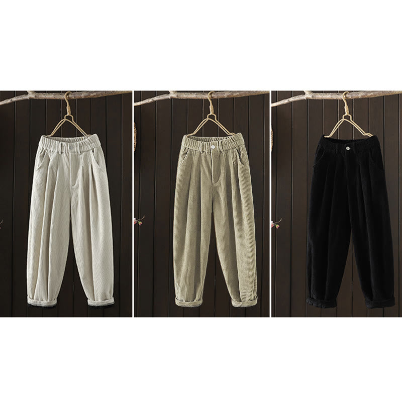 Women's Winter Plain Corduroy Cotton High Waist Fleece-Lined Harem Pants With Pockets