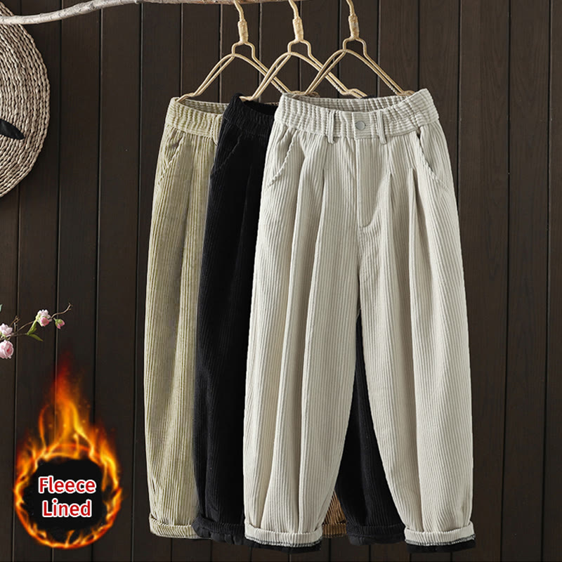 Women's Winter Plain Corduroy Cotton High Waist Fleece-Lined Harem Pants With Pockets