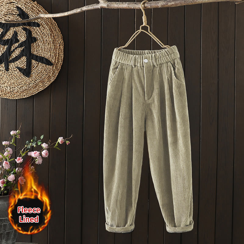 Women's Winter Plain Corduroy Cotton High Waist Fleece-Lined Harem Pants With Pockets