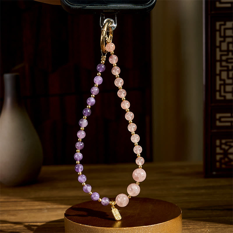 Strawberry Quartz & Amethyst Crystal Keychain & Phone Hanging Decor