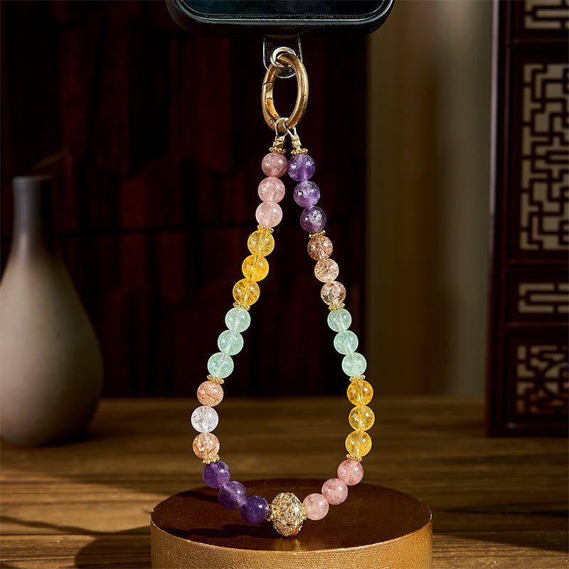 8mm Multicolored Citrine & Super Seven Strawberry Quartz Beaded Phone Keychain Accessory