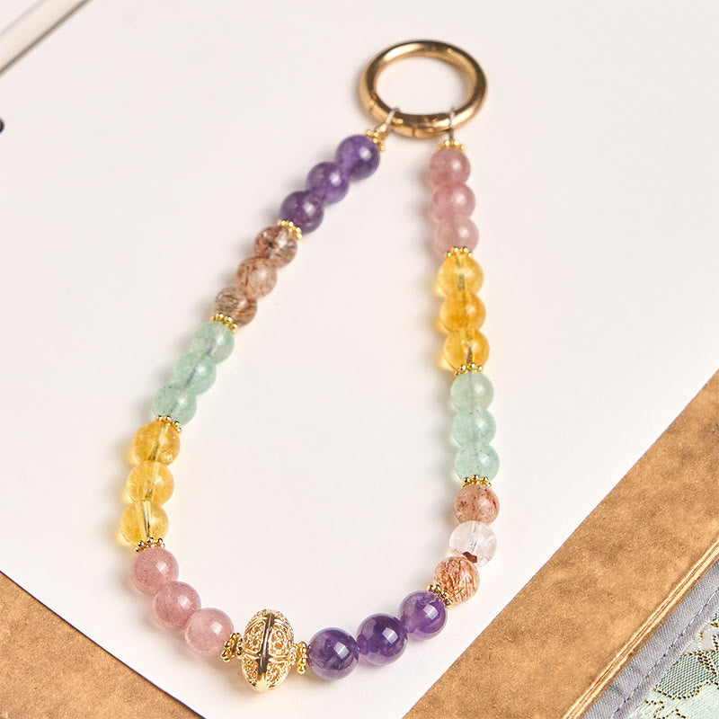 8mm Multicolored Citrine & Super Seven Strawberry Quartz Beaded Phone Keychain Accessory