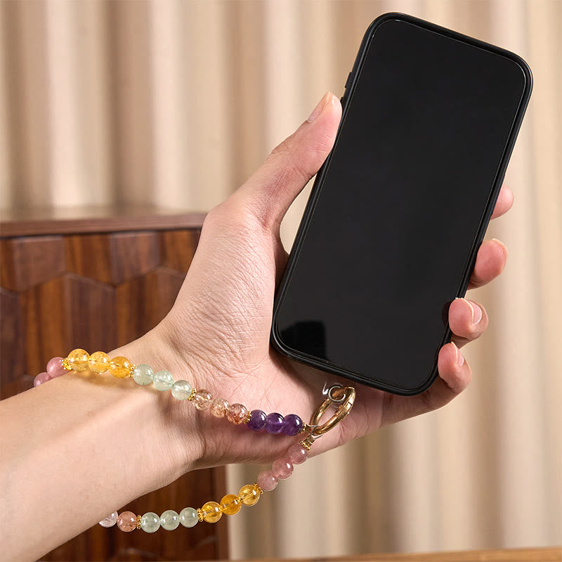 8mm Multicolored Citrine & Super Seven Strawberry Quartz Beaded Phone Keychain Accessory
