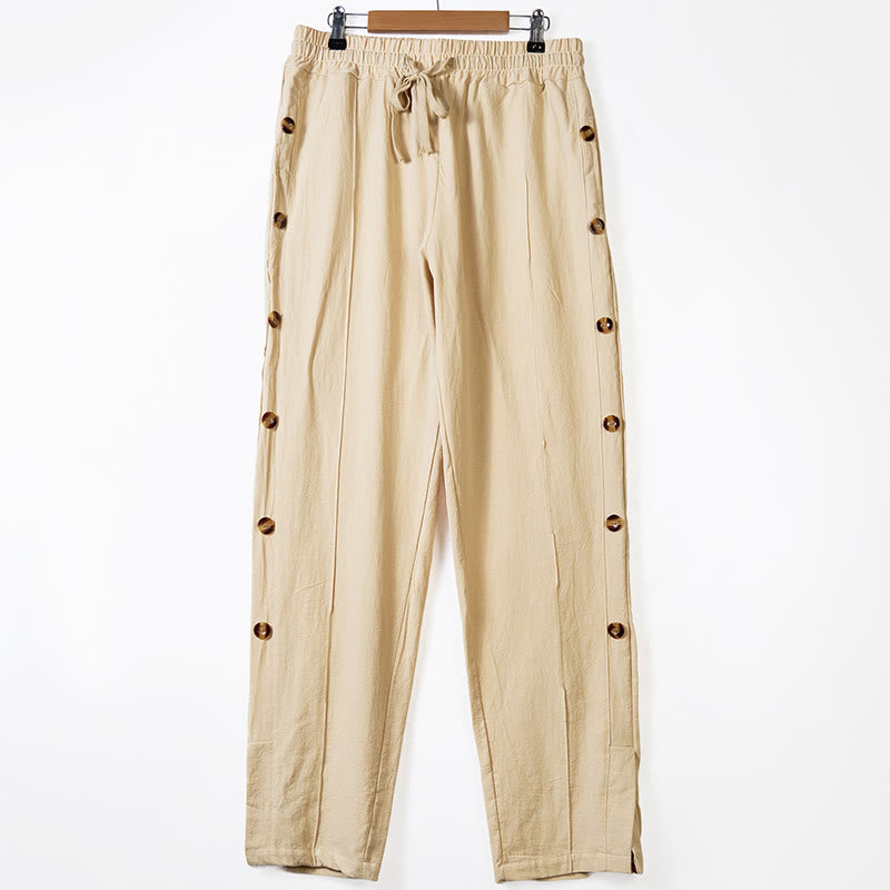 Solid Color Side Buttons Men's Cotton Pants With Pockets
