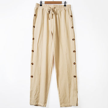 Solid Color Side Buttons Men's Cotton Pants With Pockets