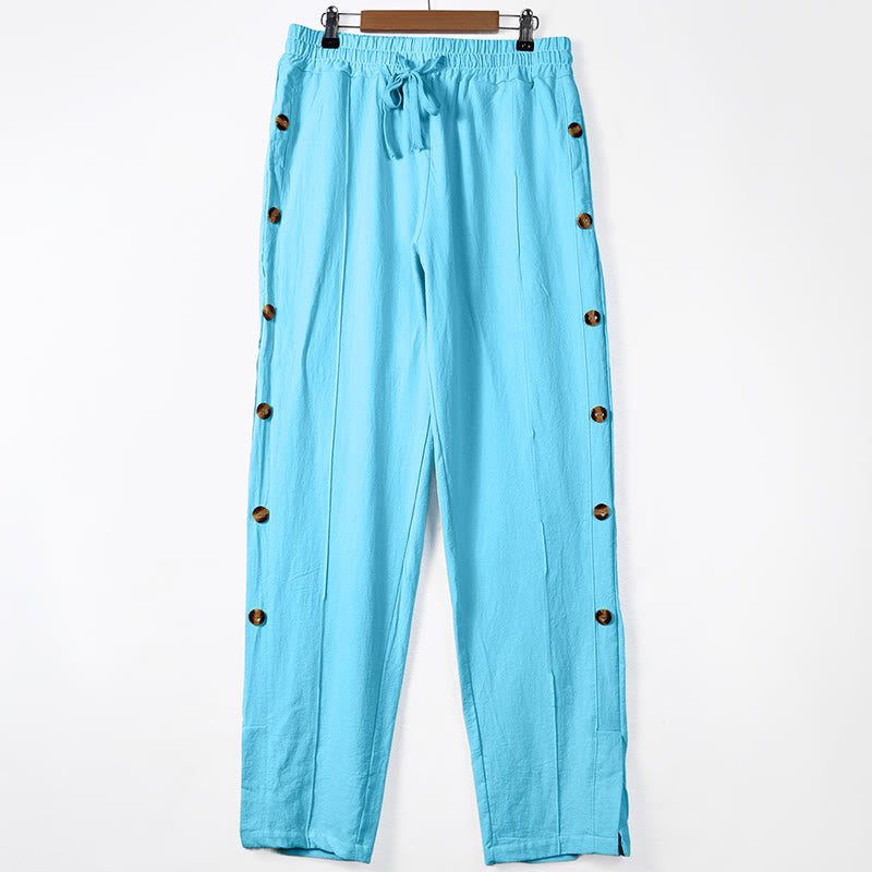 Solid Color Side Buttons Men's Cotton Pants With Pockets