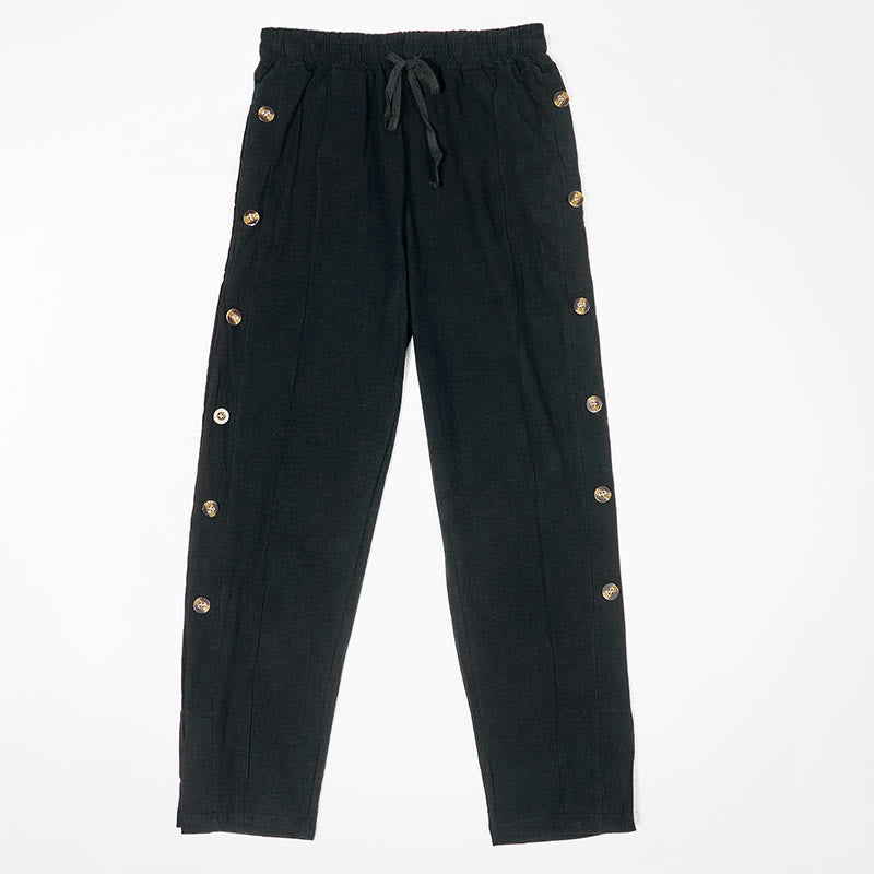 Solid Color Side Buttons Men's Cotton Pants With Pockets