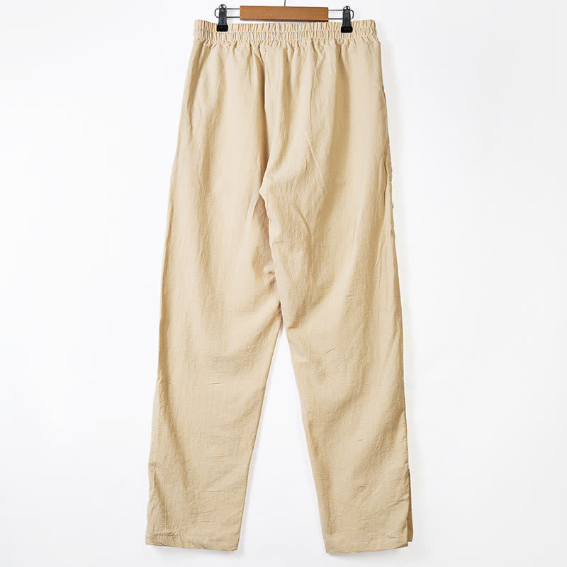 Solid Color Side Buttons Men's Cotton Pants With Pockets