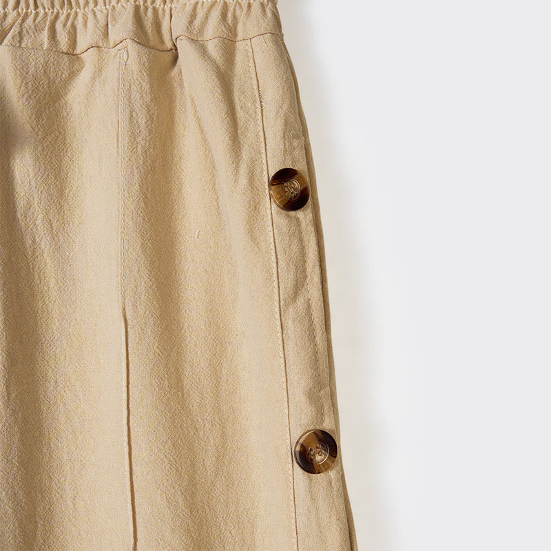 Solid Color Side Buttons Men's Cotton Pants With Pockets