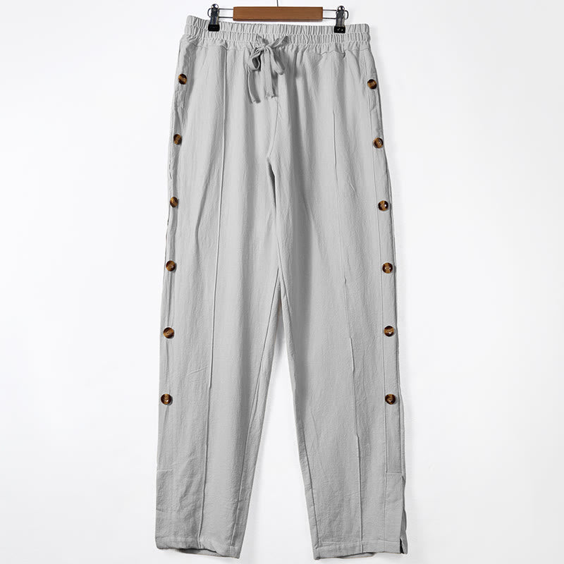 Solid Color Side Buttons Men's Cotton Pants With Pockets
