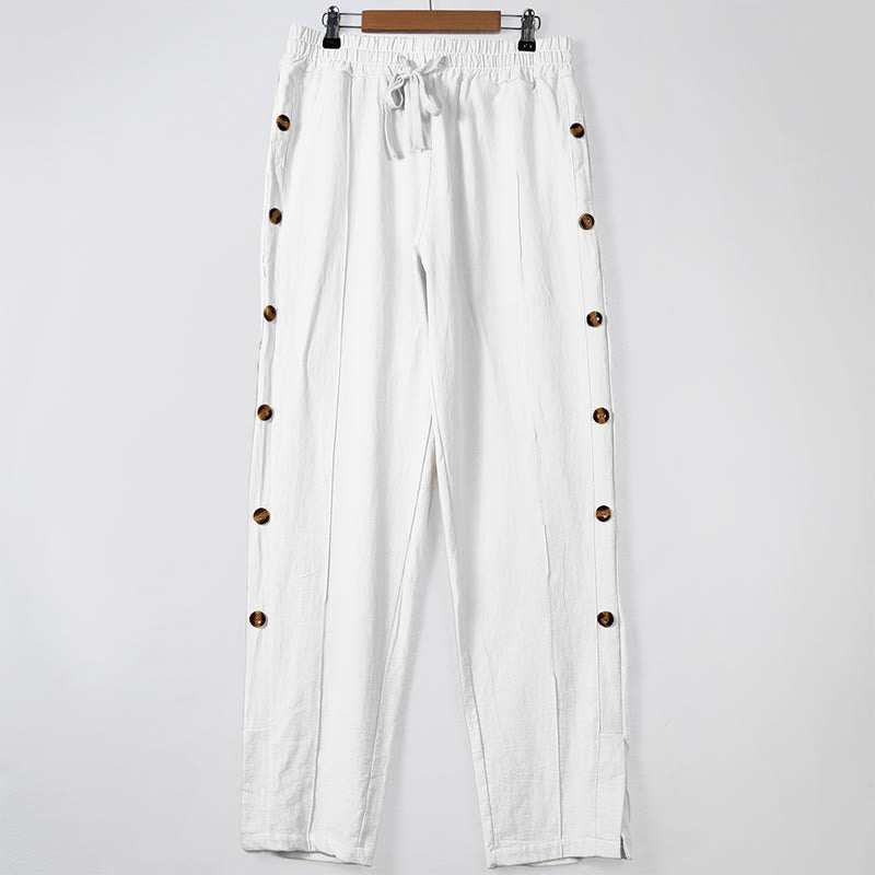 Solid Color Side Buttons Men's Cotton Pants With Pockets