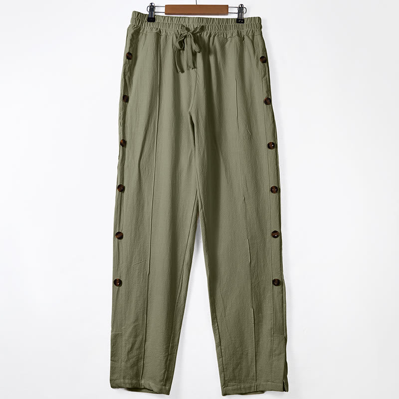 Solid Color Side Buttons Men's Cotton Pants With Pockets