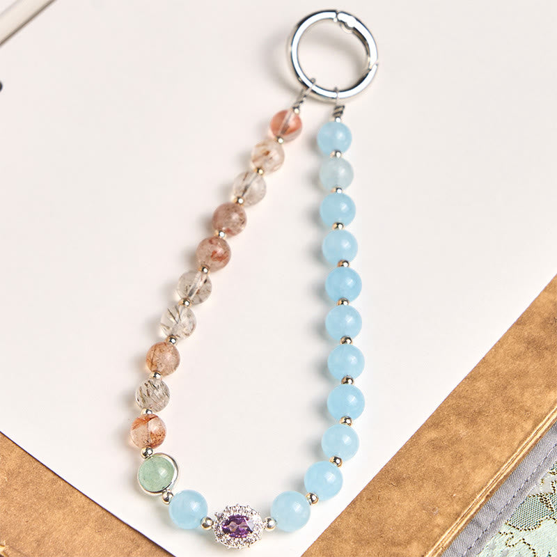 8mm Super Seven & Blue Chalcedony Crystal Energy Phone Hanging Keychain