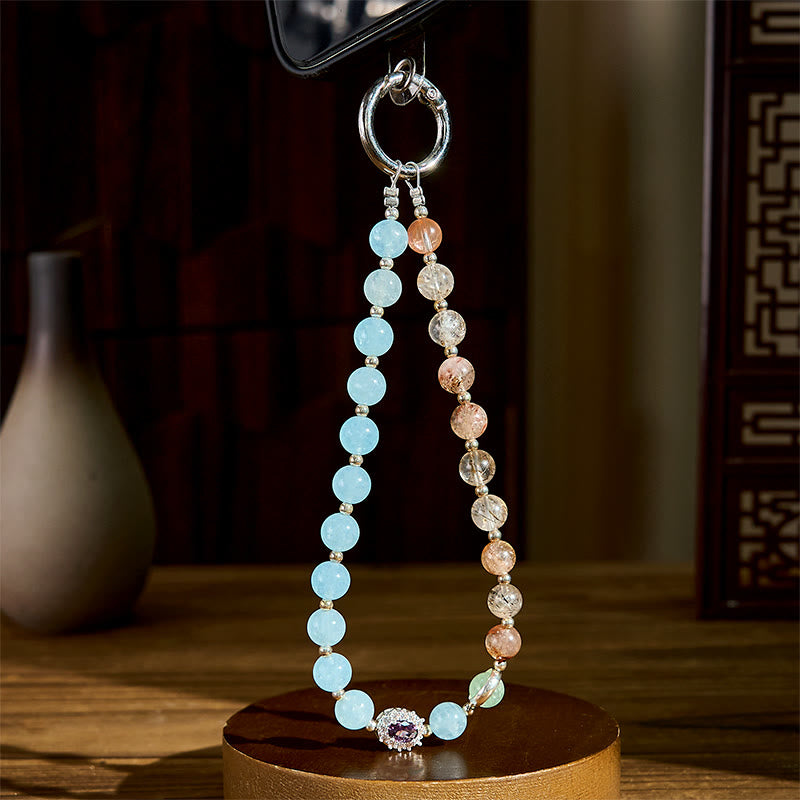 8mm Super Seven & Blue Chalcedony Crystal Energy Phone Hanging Keychain