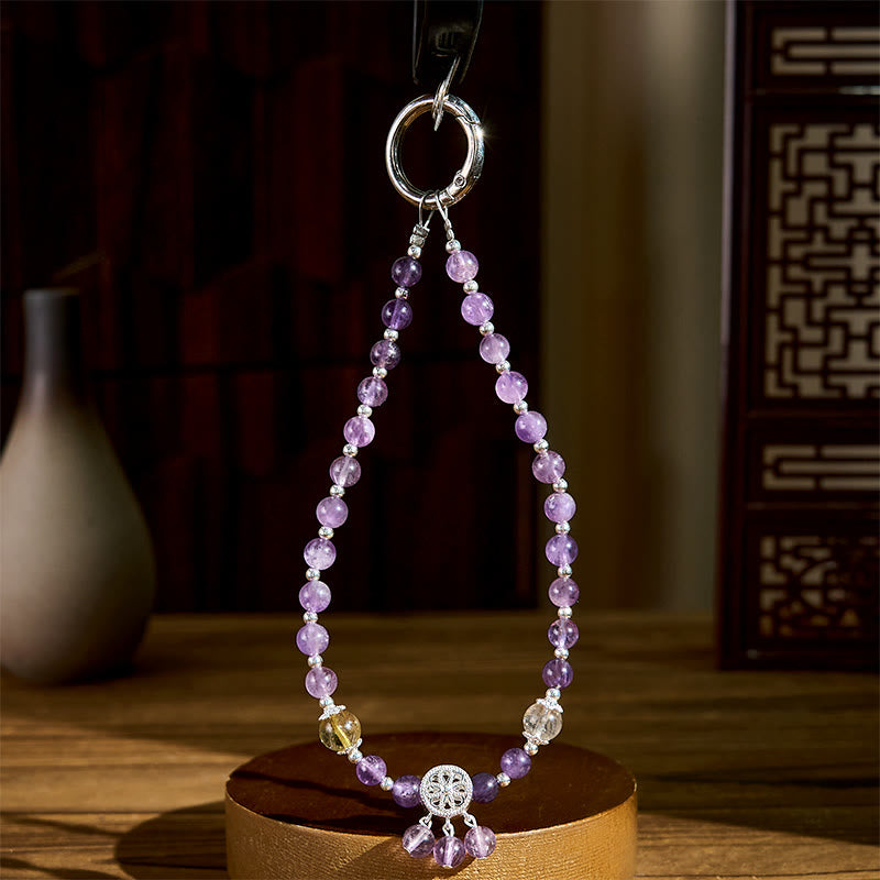 Amethyst Flower Charm Super Seven & Citrine Beaded Phone Hanging Keychain