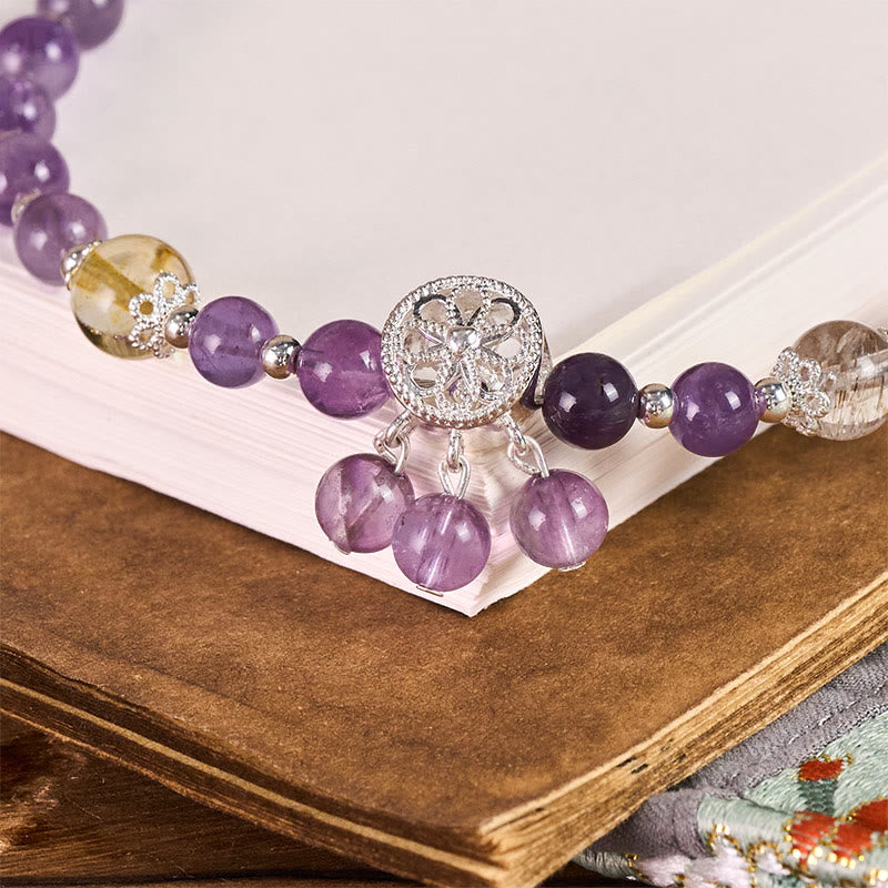 Amethyst Flower Charm Super Seven & Citrine Beaded Phone Hanging Keychain