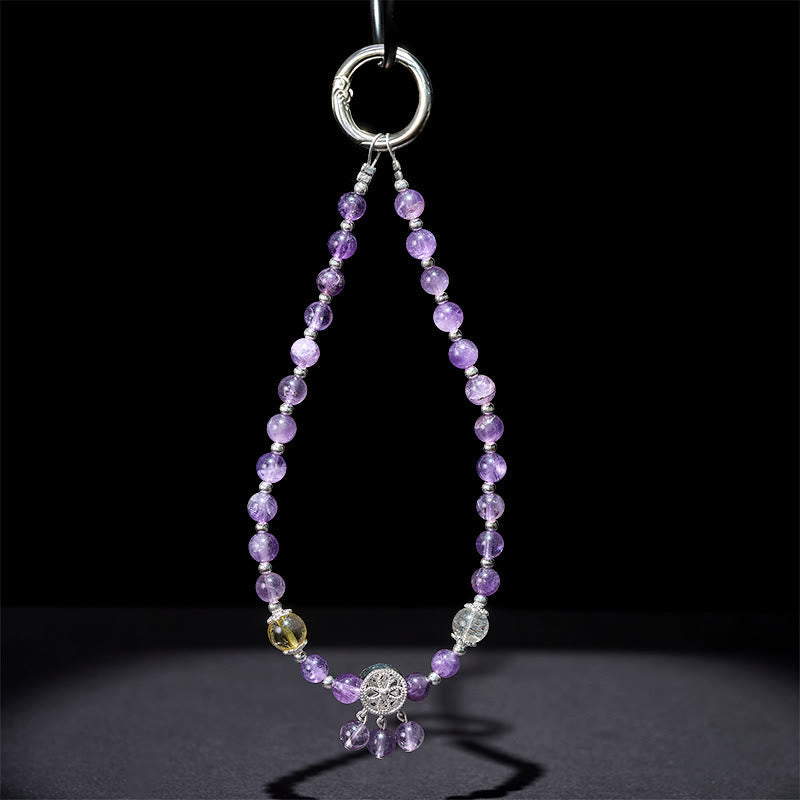 Amethyst Flower Charm Super Seven & Citrine Beaded Phone Hanging Keychain