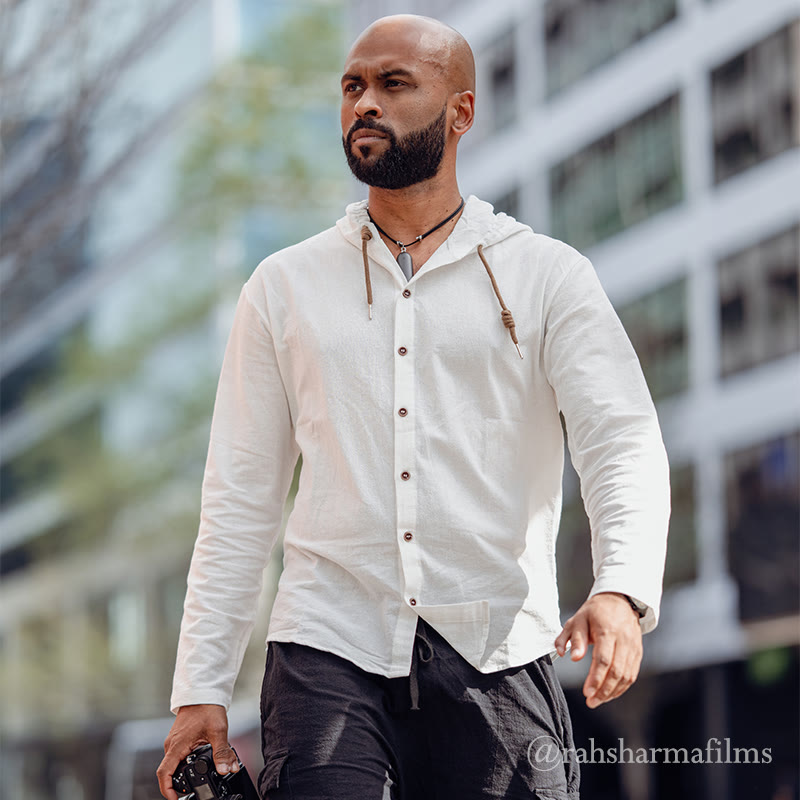Breathable Linen Hooded Long Sleeve Meditation Men's Shirt