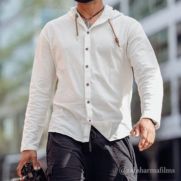 Breathable Linen Hooded Long Sleeve Meditation Men's Shirt
