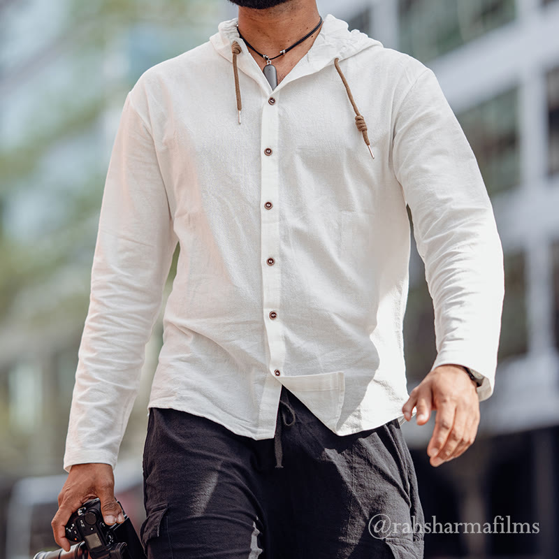 Breathable Linen Hooded Long Sleeve Meditation Men's Shirt