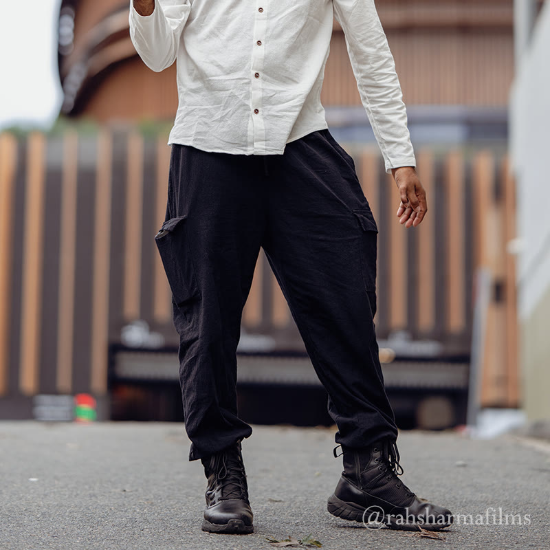 Solid Color Linen Drawstring Men's Cargo Pants With Pockets