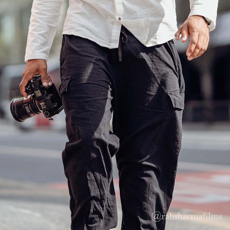 Solid Color Linen Drawstring Men's Cargo Pants With Pockets