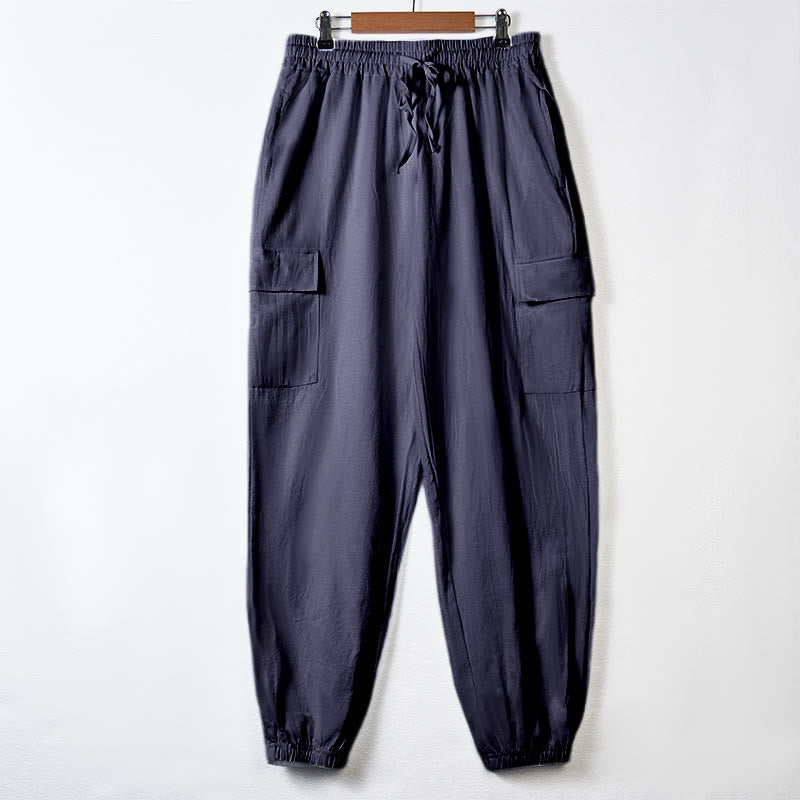 Solid Color Linen Drawstring Men's Cargo Pants With Pockets