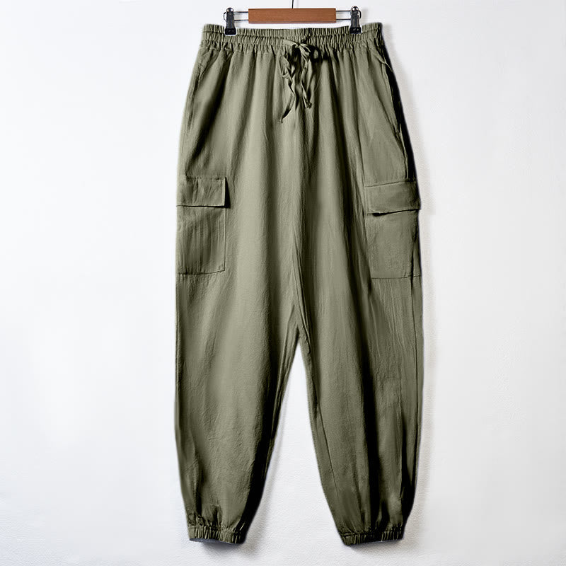 Solid Color Linen Drawstring Men's Cargo Pants With Pockets