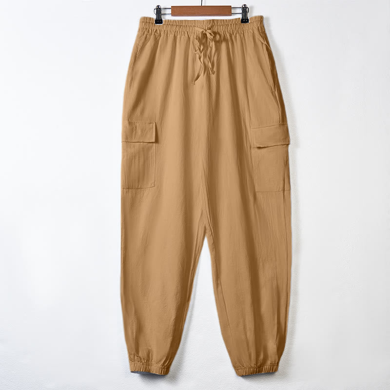 Solid Color Linen Drawstring Men's Cargo Pants With Pockets