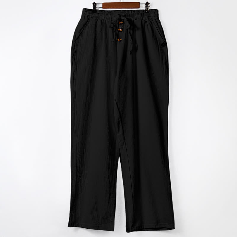 Solid Color Buttons Drawstring Men's Cotton Pants With Pockets
