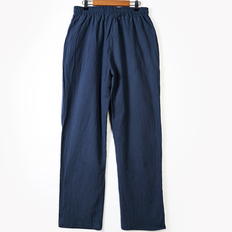 Solid Color Buttons Drawstring Men's Cotton Pants With Pockets