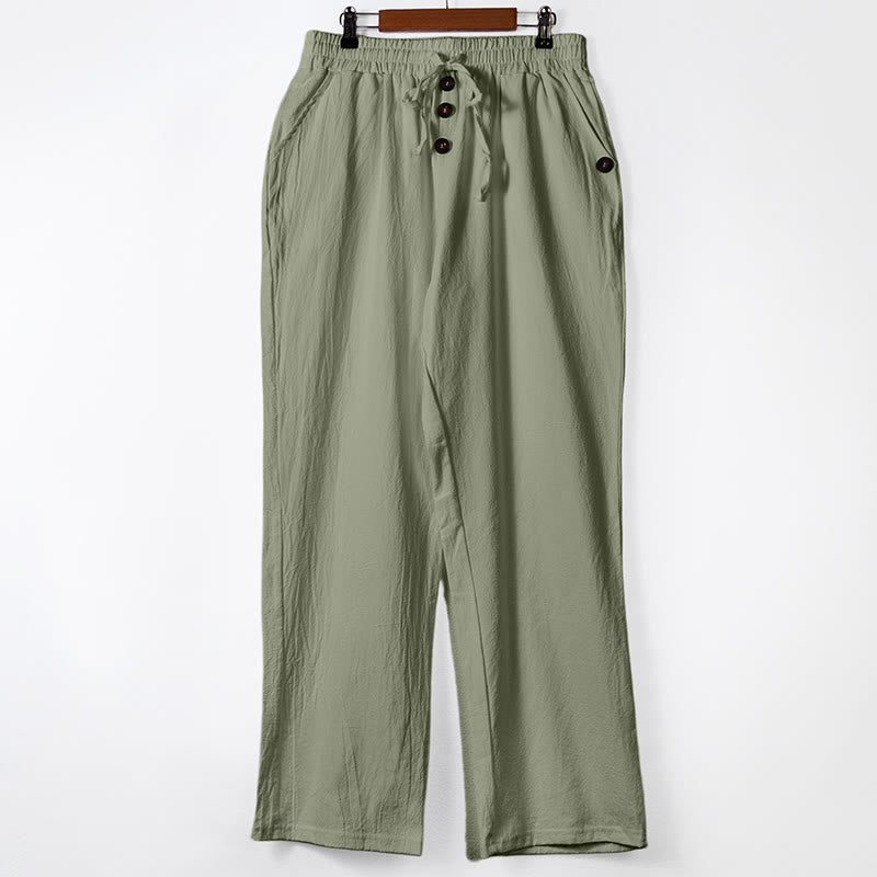 Solid Color Buttons Drawstring Men's Cotton Pants With Pockets
