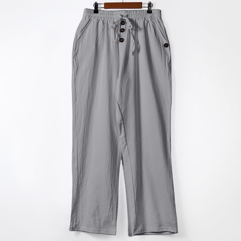 Solid Color Buttons Drawstring Men's Cotton Pants With Pockets