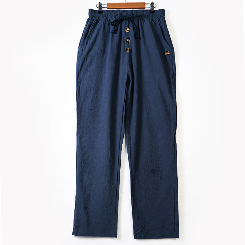 Solid Color Buttons Drawstring Men's Cotton Pants With Pockets