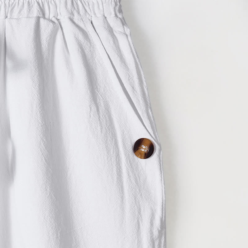 Solid Color Buttons Drawstring Men's Cotton Pants With Pockets